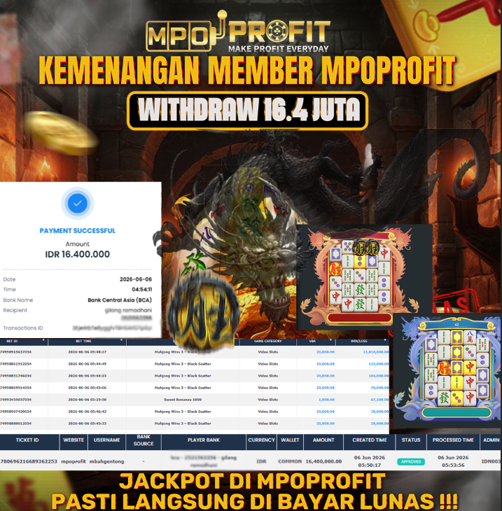 MPOPROFIT JACKPOT SLOT PRAGMATIC! KEMENANGAN MURNI DI (MAHJONG BLACK SCATTER TOTAL 16.400.000,- LUNAS)
